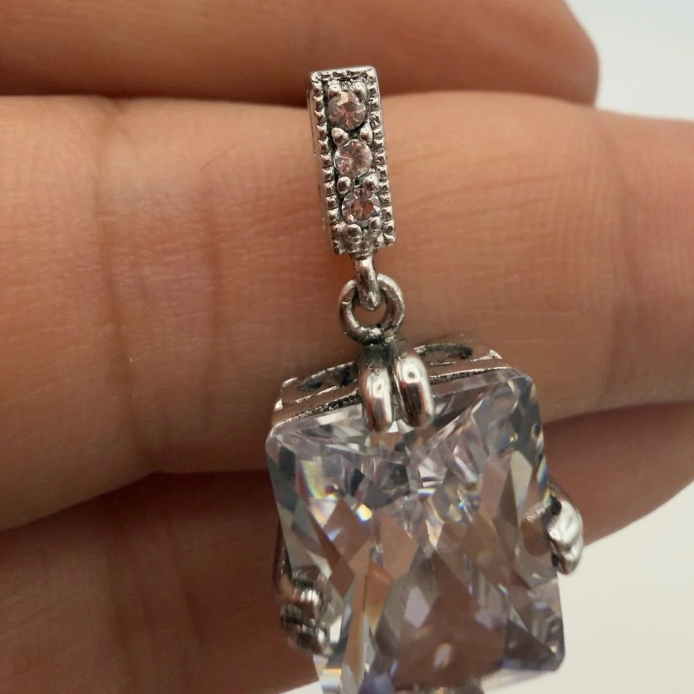Vtg 925 STERLING SILVER Pierced Dangle Statement Earrings Rectangle CZ Signed N
